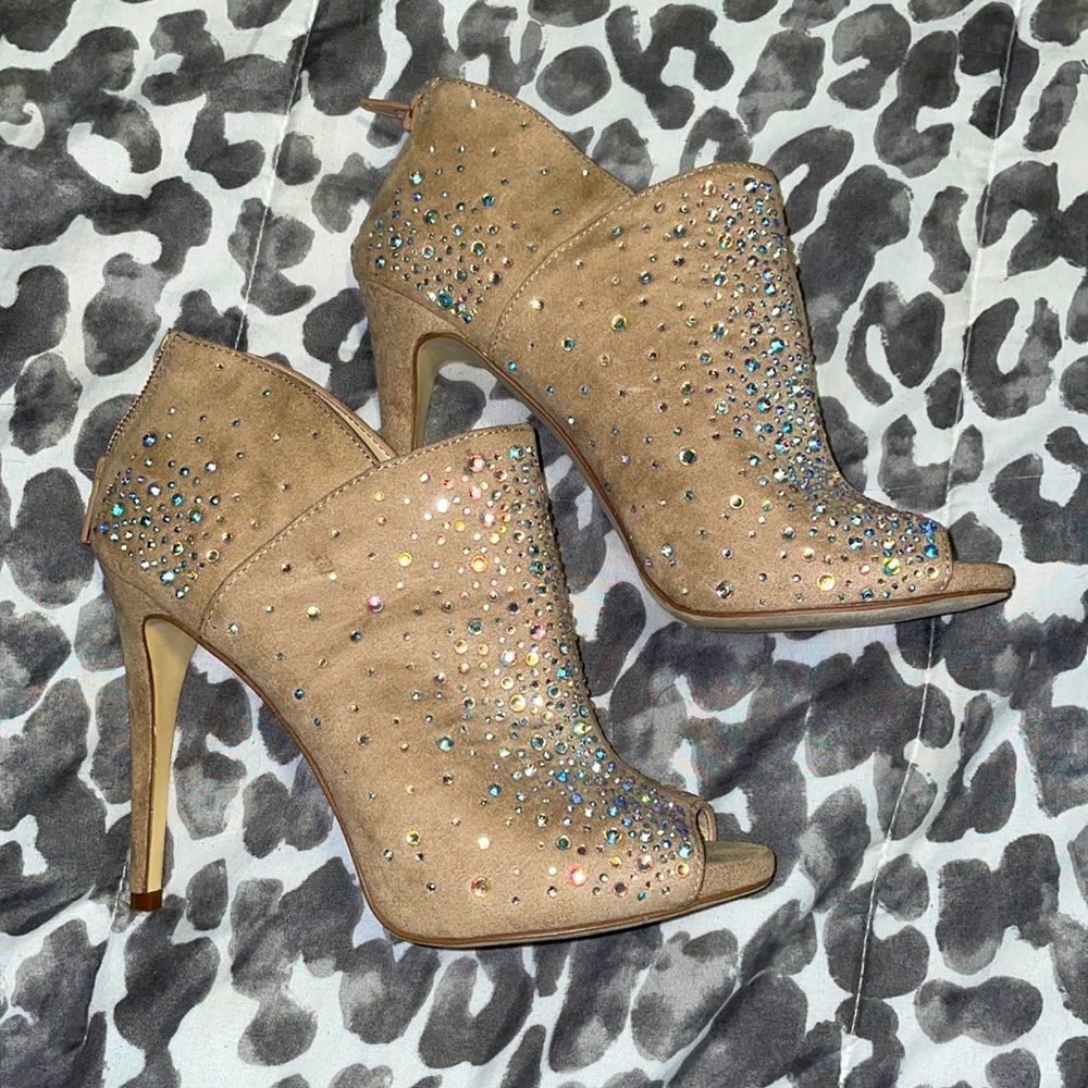 INC open toe heeled iridescent rhinestone booties